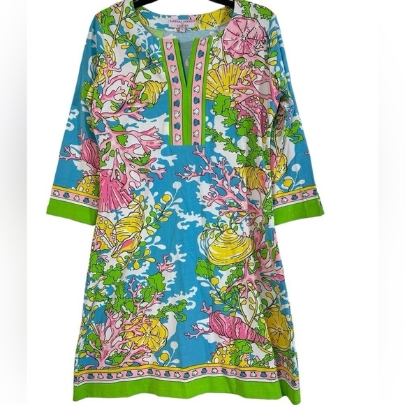 Barbara Gerwitt by Tabitha Blue Pink Green Sea Scene Slit Neck Shift Dress - Picture 1 of 10